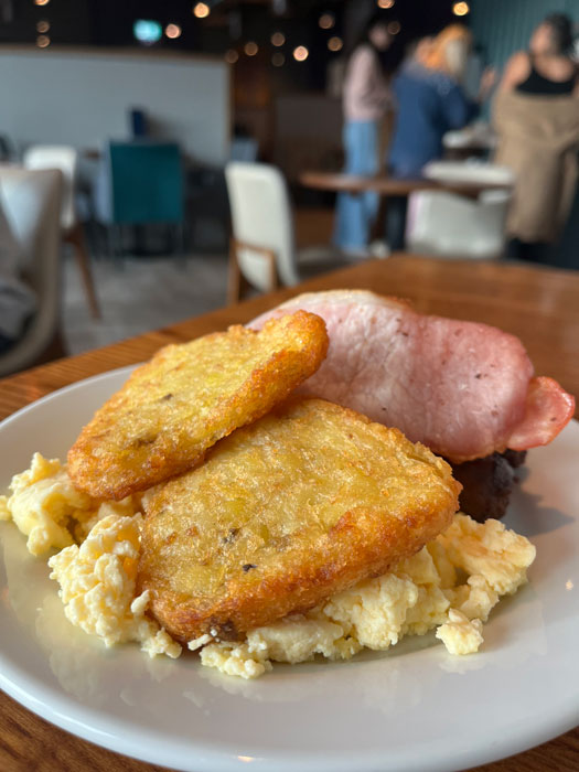 Breakfast buffet at Aspire Lounge Manchester Airport Terminal 2 with cereals and cooked items