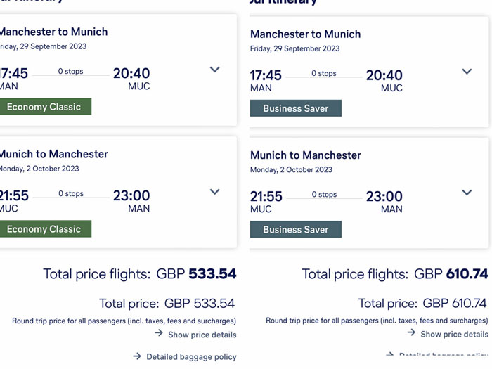 Comparing economy and business class prices