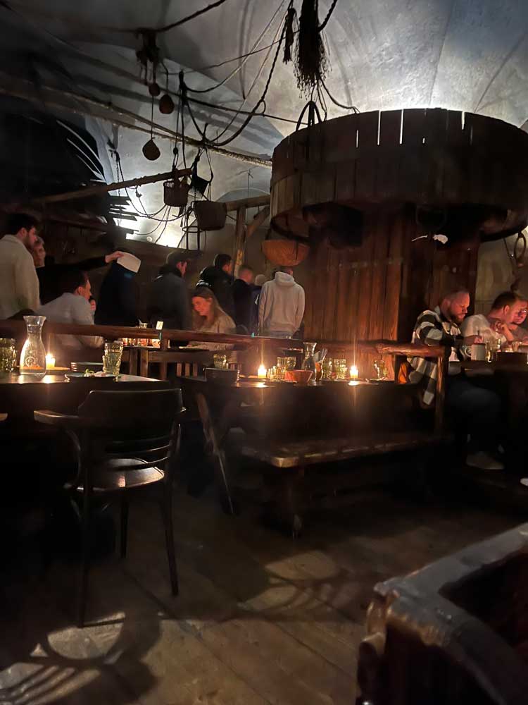 Dimly lit interior of a banquet